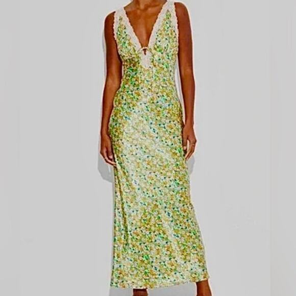 Wild Fable Green Satin Floral Plunge Midi Slip Dress Lace Trim Boho Y2K Size XL - Picture 1 of 14